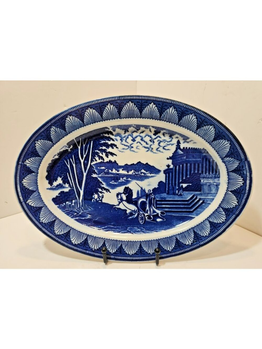 Antique Blue Transferware Oval Platter Made in Japan 9”X12” Republic Scene